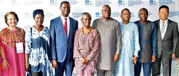 Dr Yaw Osei Adutwum (3rd from left), Minister of Education and Chairman, Ghana Commission for Unesco, with Anna Bossman (4th from left), Ghana’s Ambassador to France and Permanent Delegate to UNESCO; Dr Ibrahim Mohammed Awal (4th from right), Minister of Tourism, Arts and Culture, and Abdourahamne Dialo (3rd from right), Representative, UNESCO, after the meeting in Accra. Picture: ELVIS NII NOI DOWUONA 
